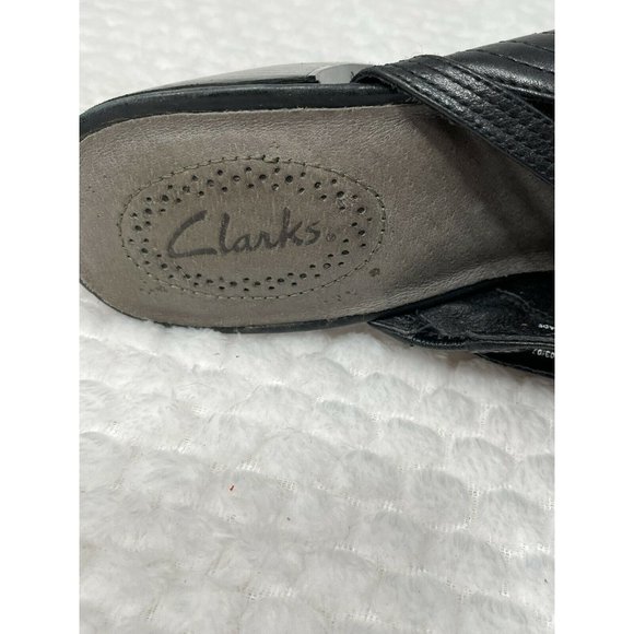Clarks Black Leather Heels Backless Cutout Strap Size 7.5 - Picture 2 of 7